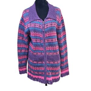 Christopher & Banks Hand Crochet Zip Cardigan Sweater L Boho 2006